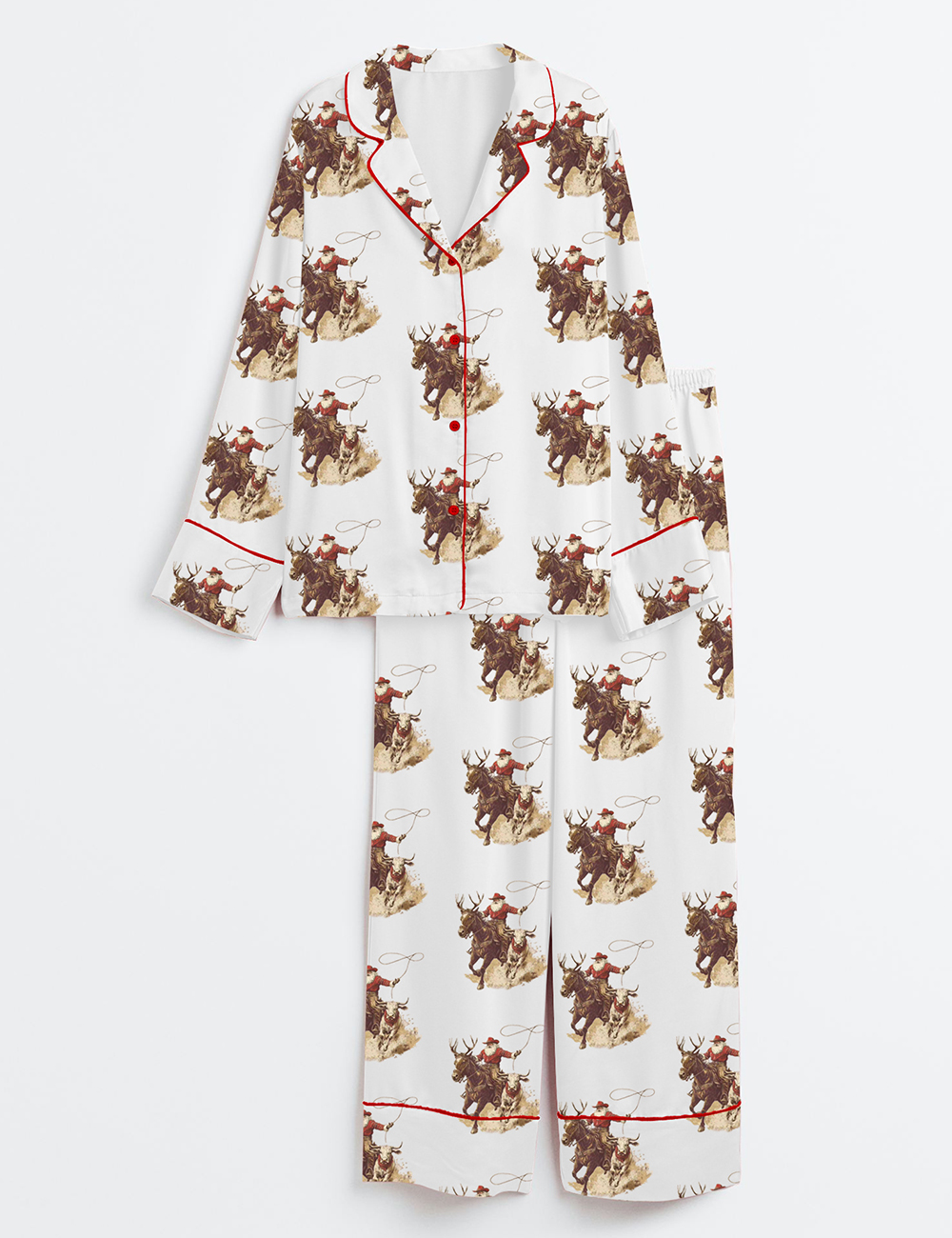Women's Vintage Cowboy Santa Western Roping Christmas Long Sleeve Satin Pajama Set