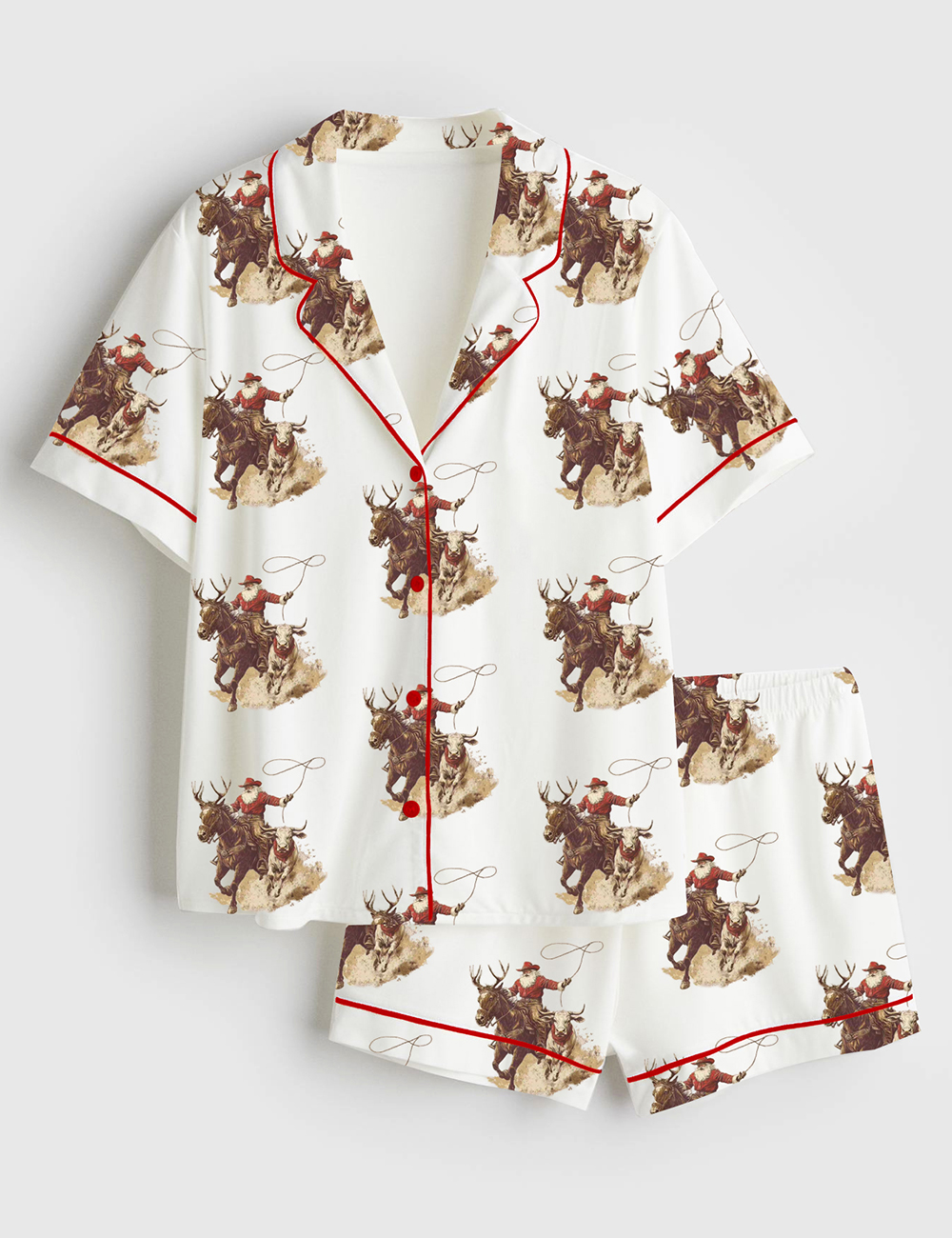 Women's Vintage Cowboy Santa Western Roping Christmas Short Sleeve Satin Pajama Set