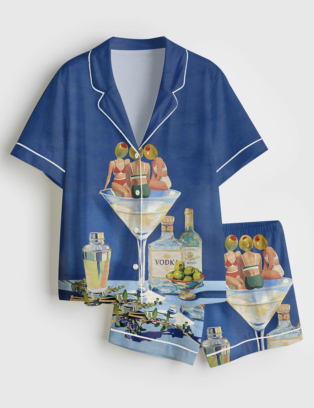 Women's Vintage Dirty Martini Bar Retro Cocktail Print Short Sleeve Satin Pajama Set