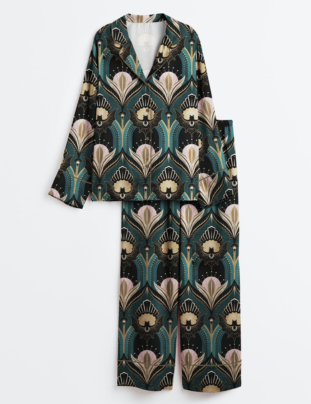 Women's Vintage Elegant Art Deco Bats And Flowers Teal Fan Print Long Sleeve Satin Pajama Set