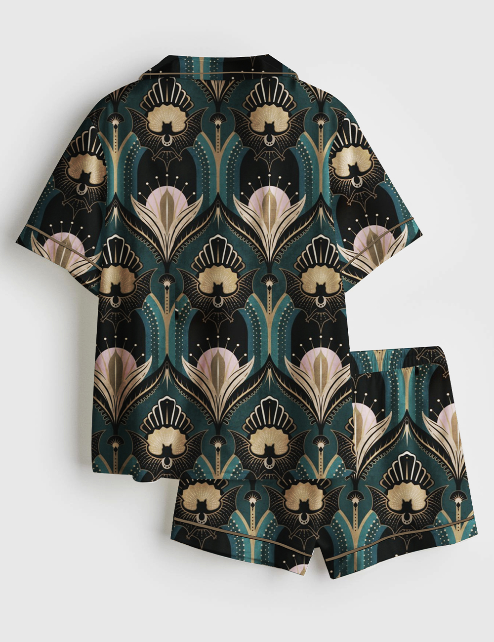 Alternative view of Women's Vintage Elegant Art Deco Bats And Flowers Teal Fan Print Short Sleeve Satin Pajama Set