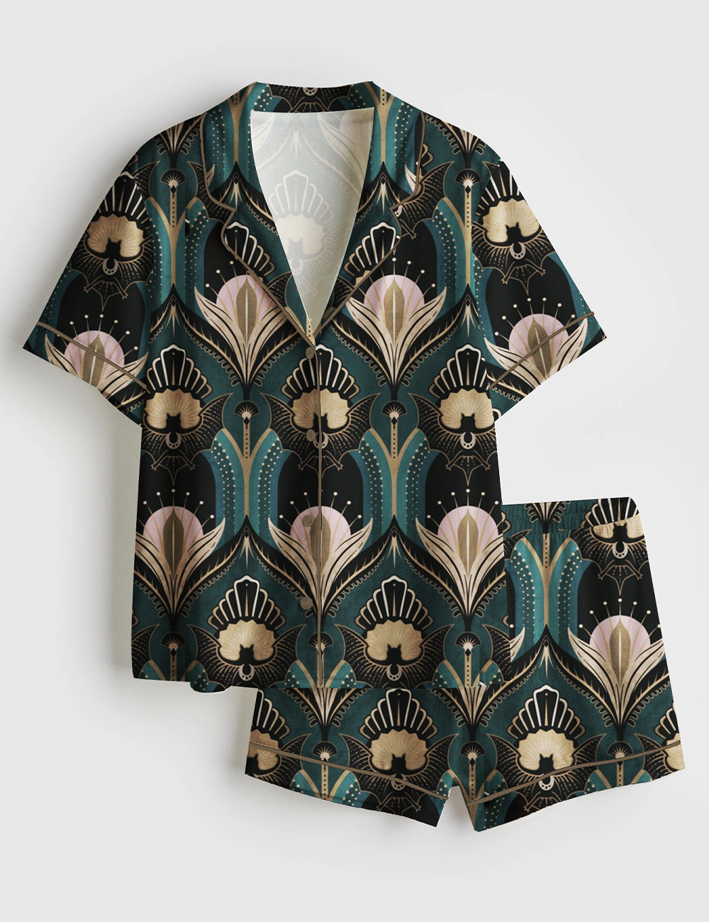 Women's Vintage Elegant Art Deco Bats And Flowers Teal Fan Print Short Sleeve Satin Pajama Set