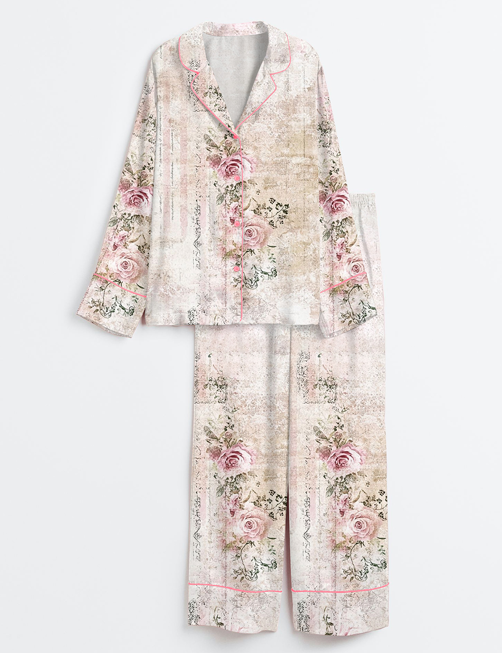 Women's Vintage Floral Pink Rose Print Long Sleeve Satin Pajama Set