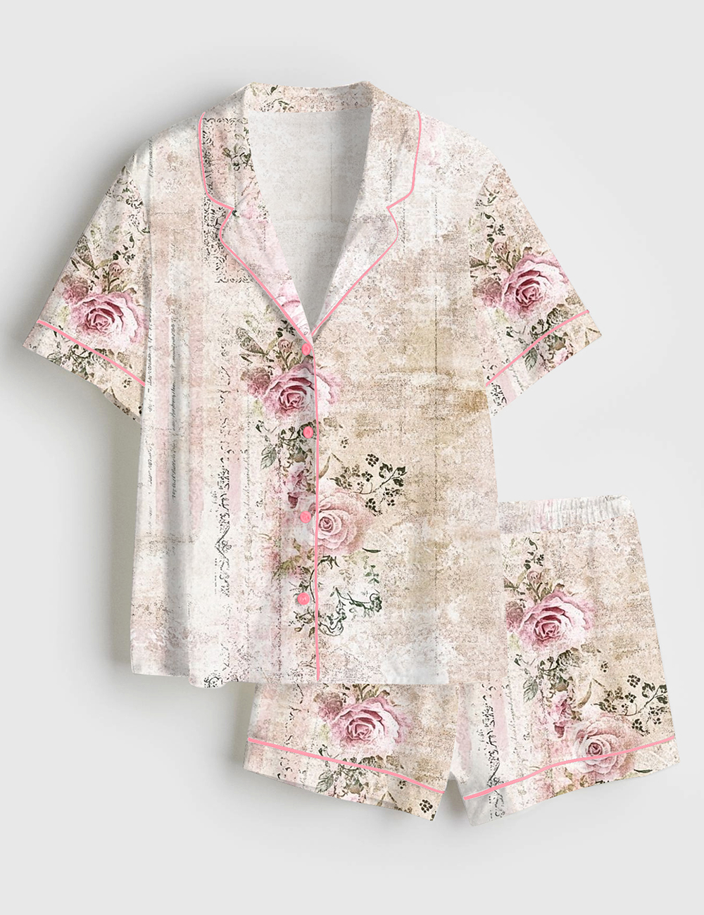Women's Vintage Floral Pink Rose Print Short Sleeve Satin Pajama Set
