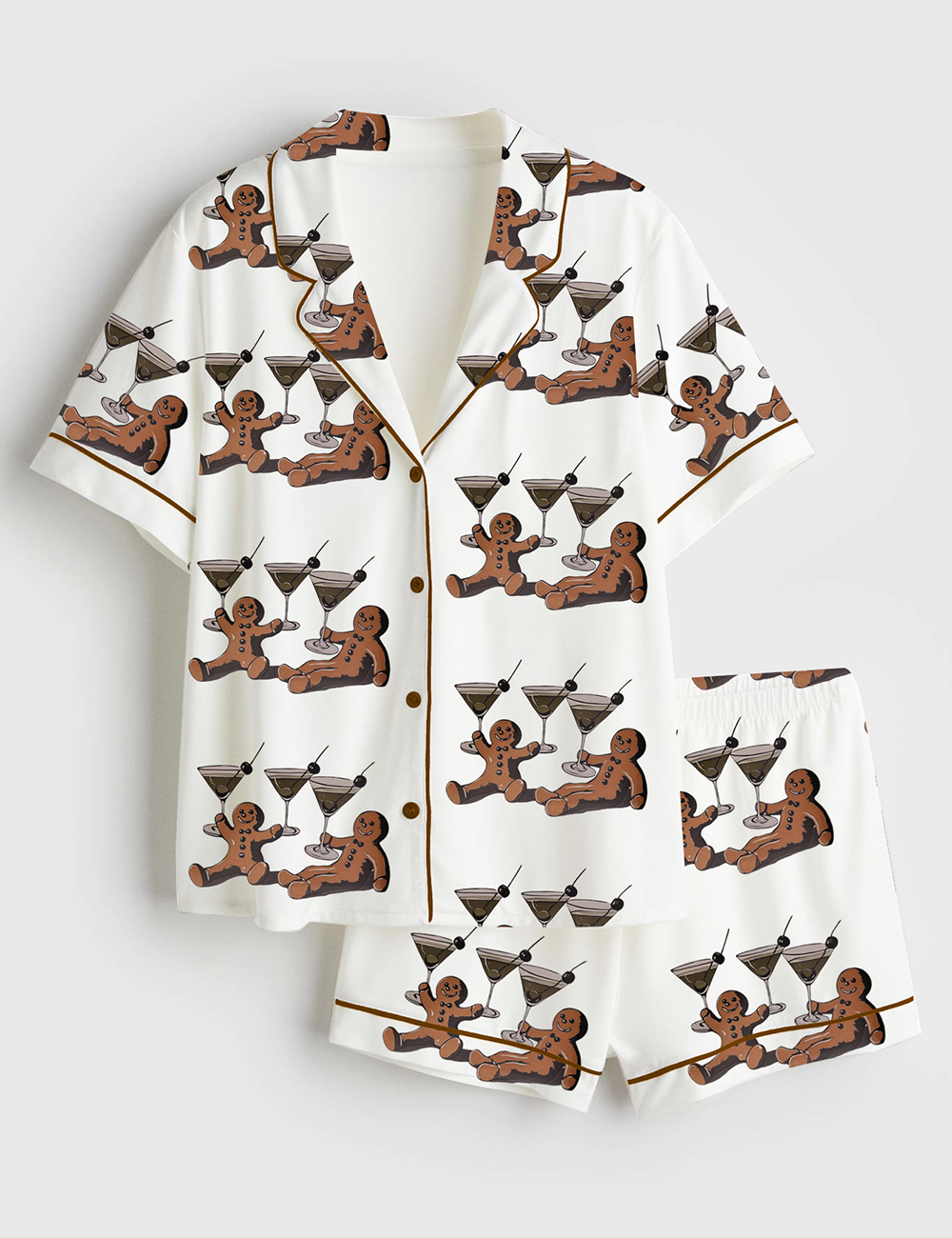 Women's Vintage Gingerbread Men Dirty Martini Cocktail Christmas Short Sleeve Satin Pajama Set