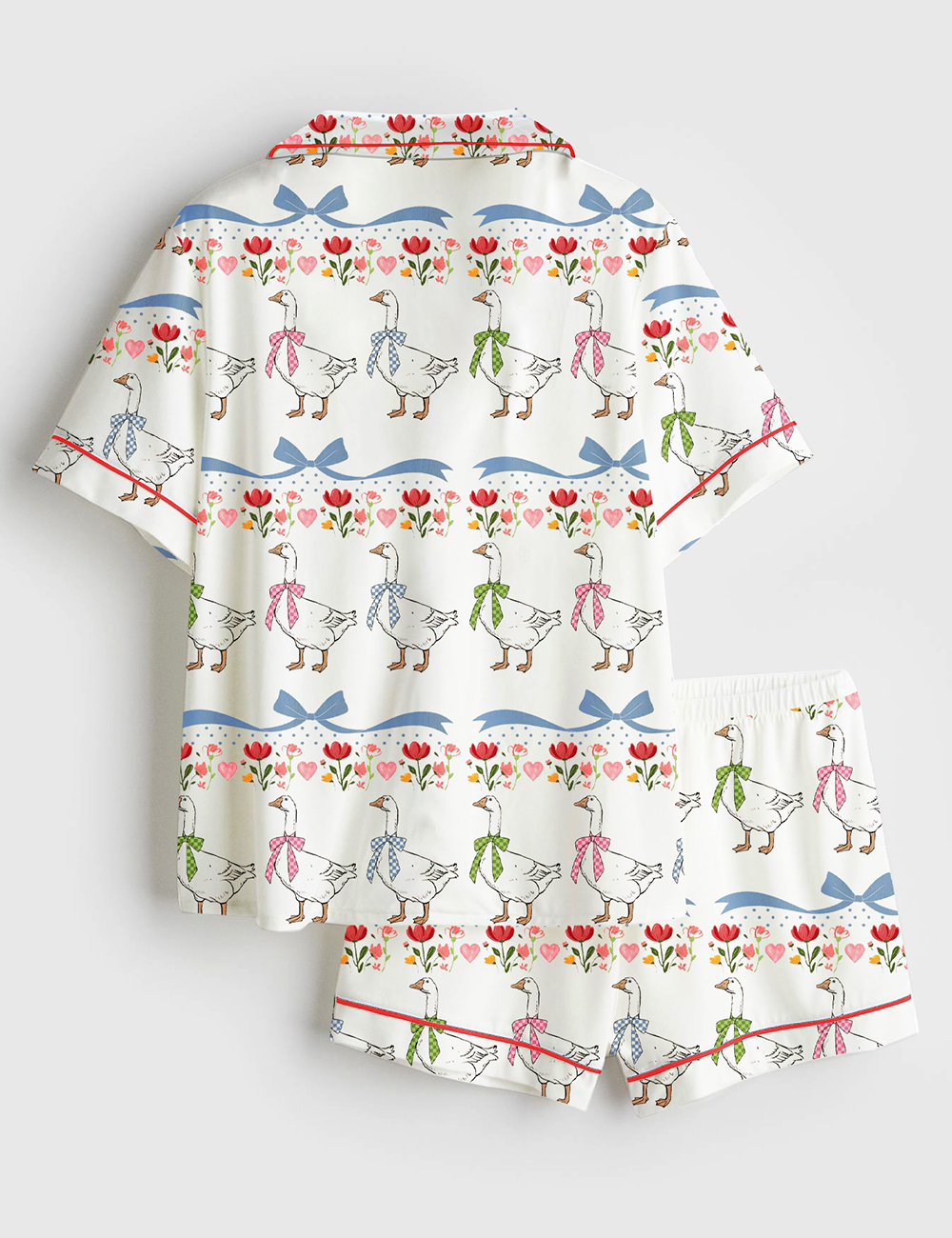 Alternative view of Women's Vintage Goose Blue Ribon Trendy Cute Goose Print Short Sleeve Satin Pajama Set