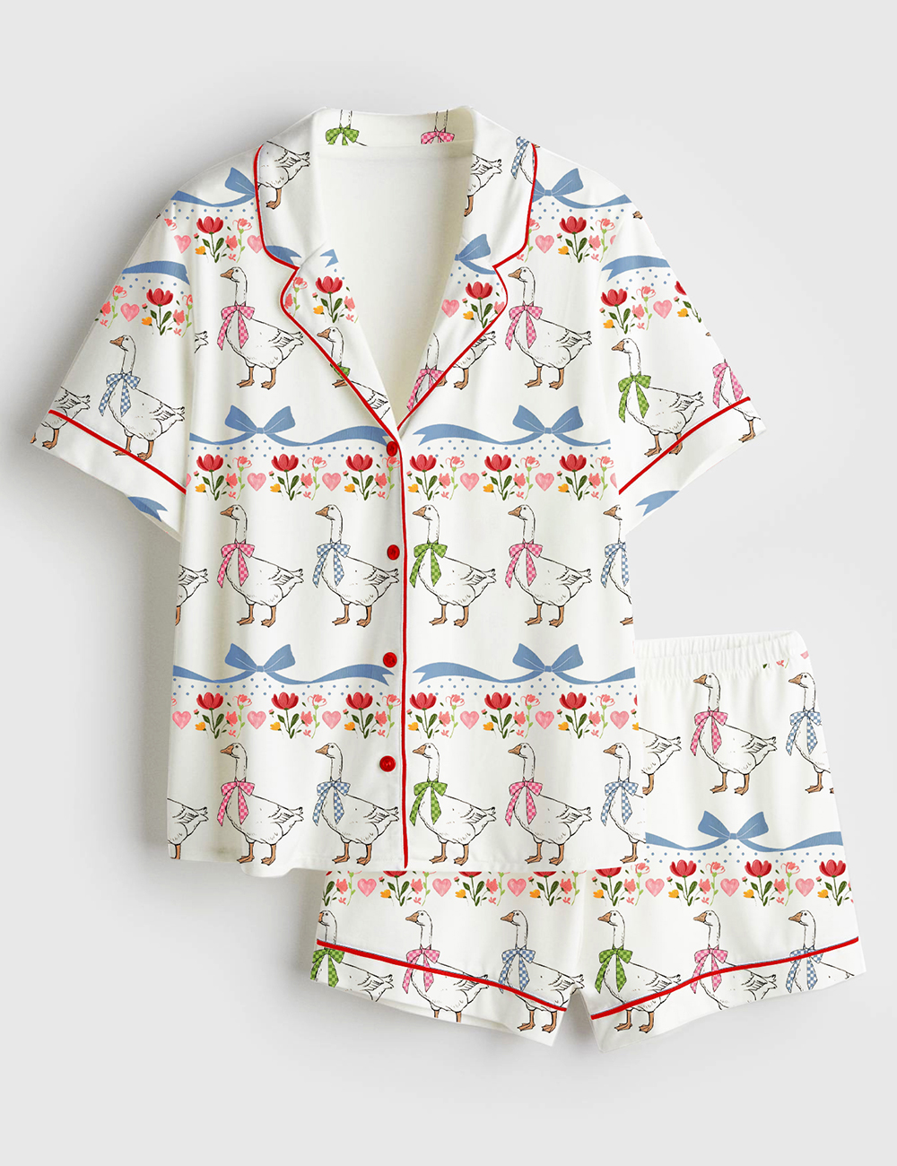 Women's Vintage Goose Blue Ribon Trendy Cute Goose Print Short Sleeve Satin Pajama Set