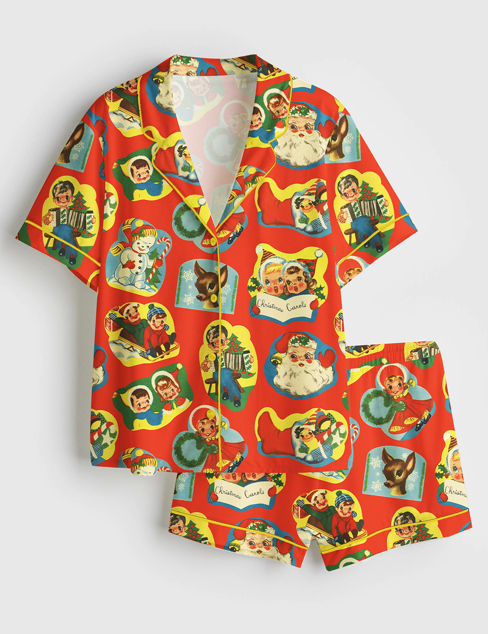 Women's Vintage Kitsch Christmas Retro Holiday Short Sleeve Satin Pajama Set