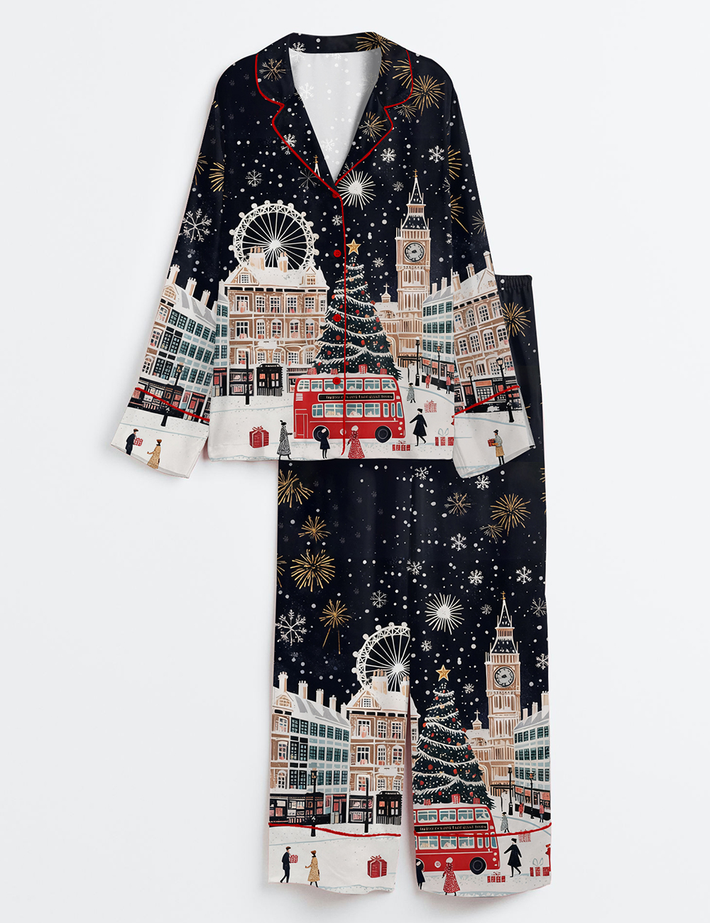 Women's Vintage London At Christmas London Holiday Travel Long Sleeve Satin Pajama Set