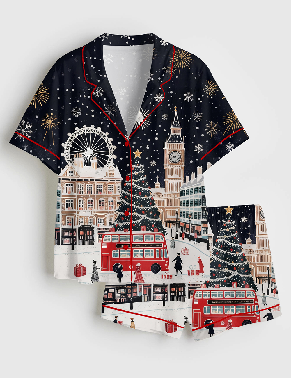 Women's Vintage London At Christmas London Holiday Travel Short Sleeve Satin Pajama Set