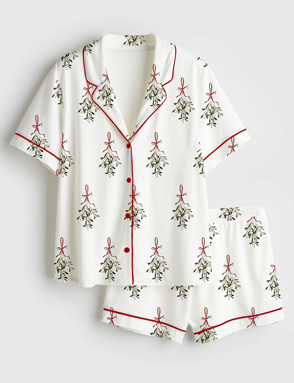Women's Vintage Mistletoe Christmas Short Sleeve Satin Pajama Set