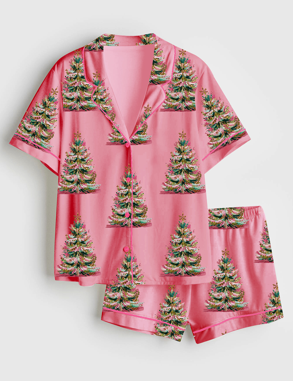 Women's Vintage Pink Christmas Tree Coquette Xmas Short Sleeve Satin Pajama Set