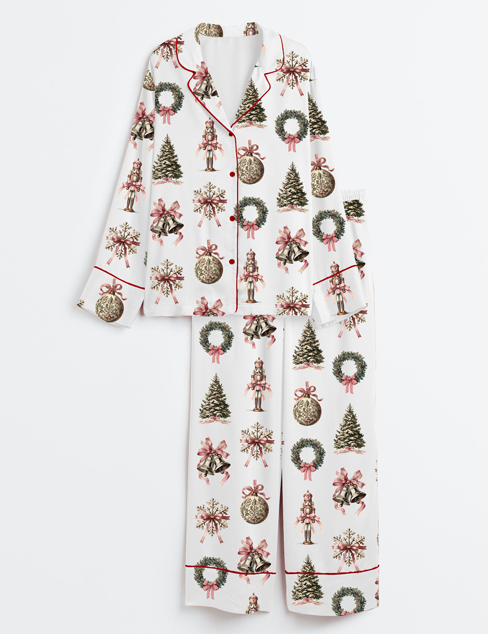 Women's Vintage Pink Christmas Wreath Tree Bells Nutcracker Snowflake Long Sleeve Satin Pajama Set