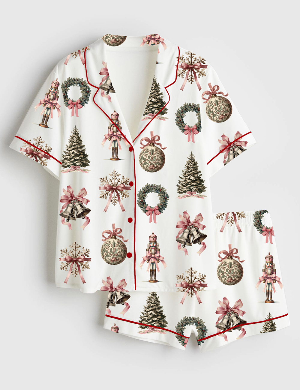 Women's Vintage Pink Christmas Wreath Tree Bells Nutcracker Snowflake Short Sleeve Satin Pajama Set