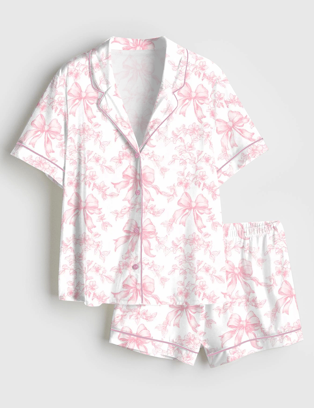 Women's Vintage Pink Toile Coquette Floral Short Sleeve Satin Pajama Set