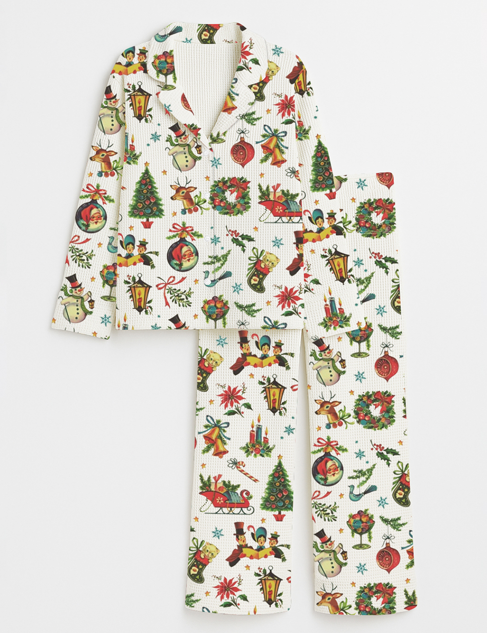 Women's Vintage Retro Christmas Long Sleeve Cotton Waffle Pajama Set