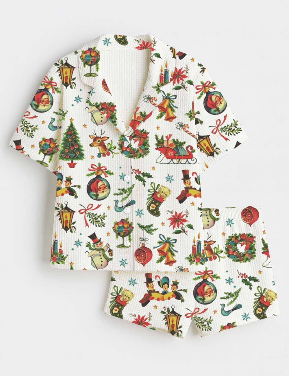 Women's Vintage Retro Christmas Short Sleeve Cotton Waffle Pajama Set
