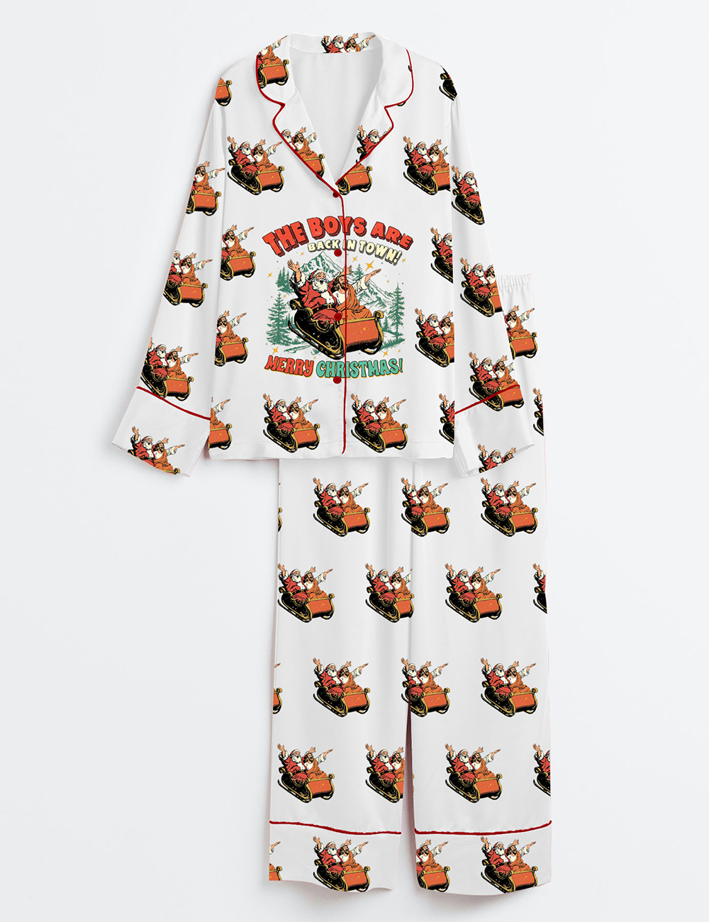 Women's Vintage Santa And Jesus Sleigh Ride Christmas Holiday Long Sleeve Satin Pajama Set