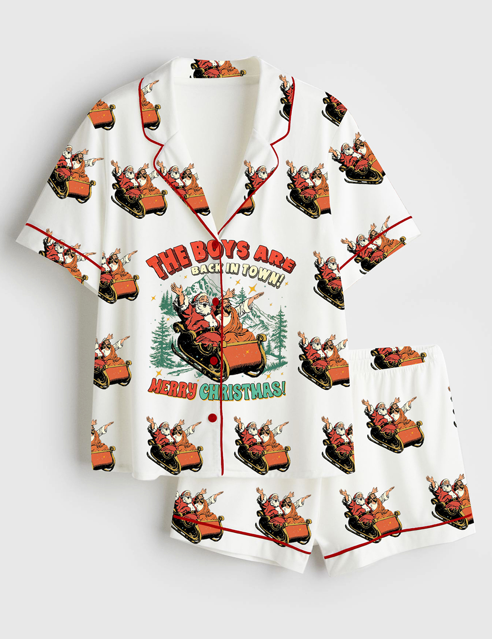 Women's Vintage Santa And Jesus Sleigh Ride Christmas Holiday Short Sleeve Satin Pajama Set