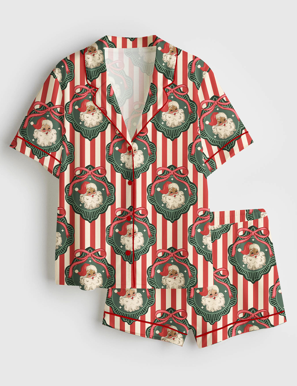 Women's Vintage Santa Red Stripes Frames Christmas Short Sleeve Satin Pajama Set