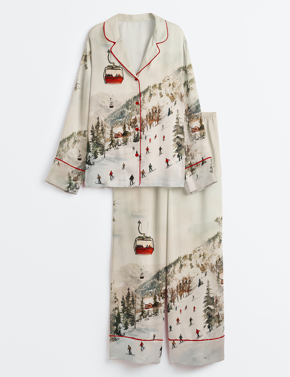 Women's Vintage Ski Lift Winter Ski Slopes Christmas Long Sleeve Silky Satin Pajama Set