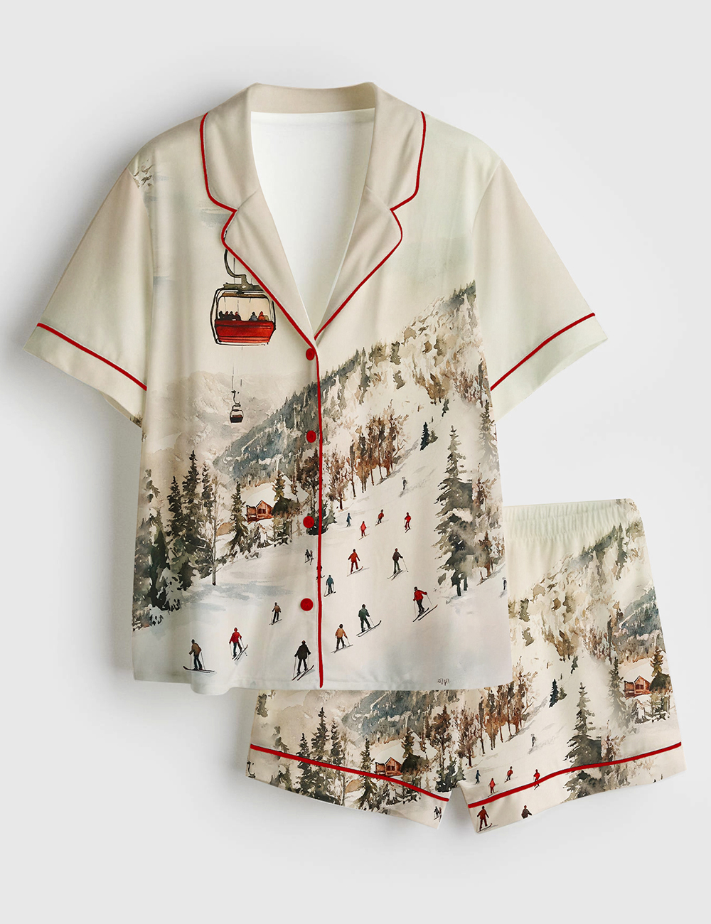 Women's Vintage Ski Lift Winter Ski Slopes Christmas Short Sleeve Silky Satin Pajama Set