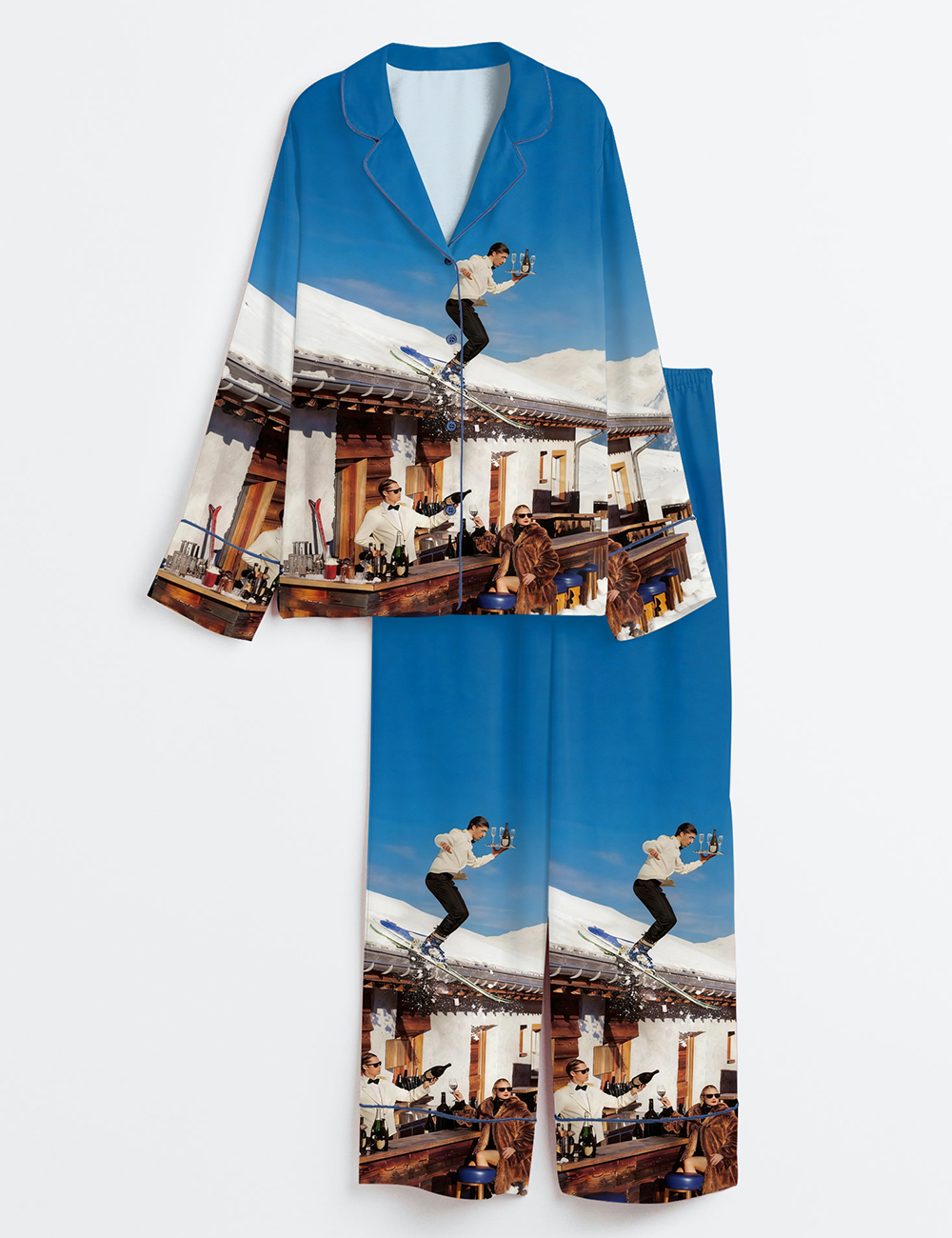 Women's Vintage Skiing Retro Apres Ski Bar Cart Alcohol Party Long Sleeve Satin Pajama Set