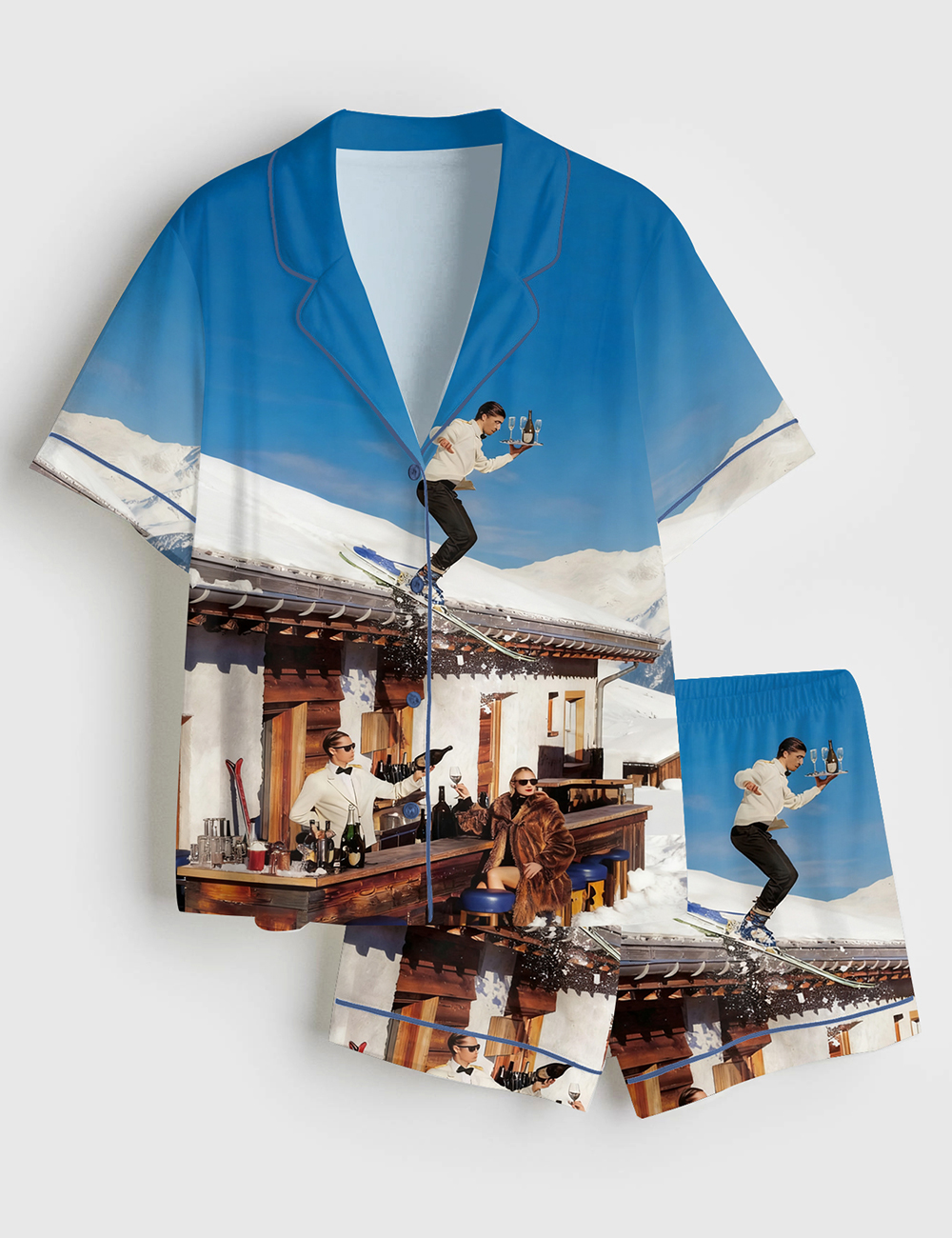 Women's Vintage Skiing Retro Apres Ski Bar Cart Alcohol Party Short Sleeve Satin Pajama Set