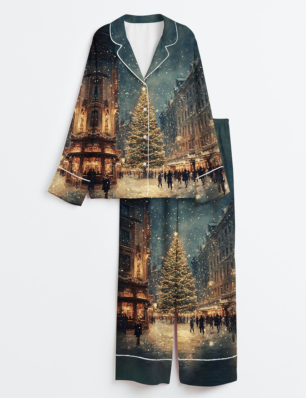 Women's Vintage Winter Snow Rustic Christmas Village Landscape Long Sleeve Satin Pajama Set