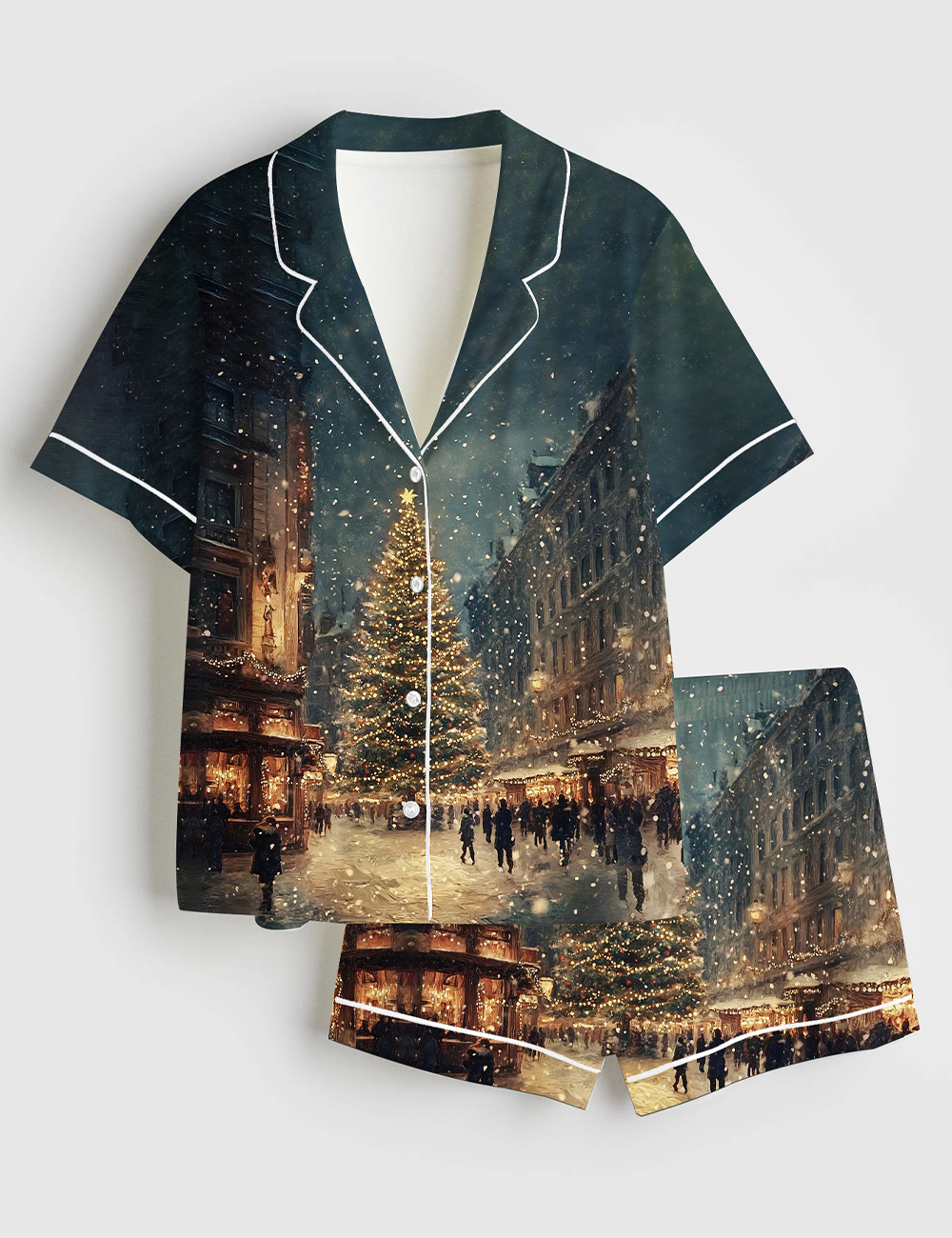 Women's Vintage Winter Snow Rustic Christmas Village Landscape Short Sleeve Satin Pajama Set