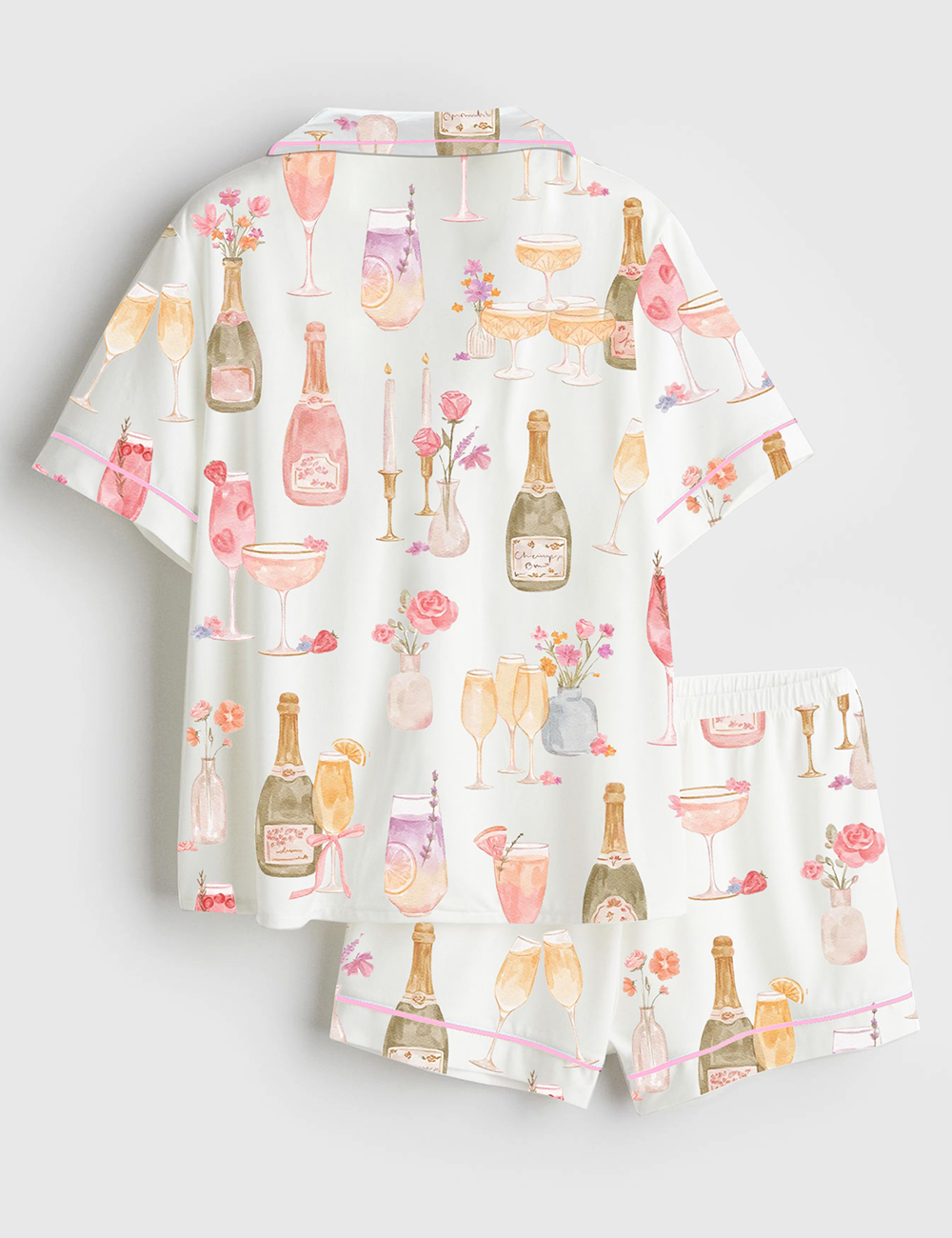Alternative view of Women's Watercolor Champagne Mimosa Cheers Brunch Floral Cocktail Rose Candles Wedding Party Print Short Sleeve Satin Pajama Set