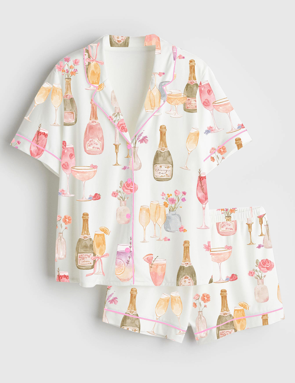 Women's Watercolor Champagne Mimosa Cheers Brunch Floral Cocktail Rose Candles Wedding Party Print Short Sleeve Satin Pajama Set