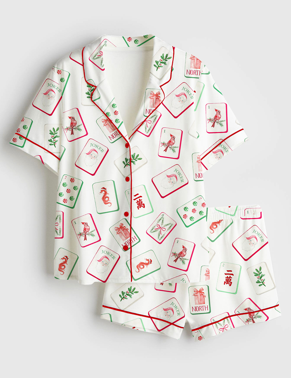 Women's Watercolor Chinoiserie Millennial Mahjong Christmas Santa Party Short Sleeve Satin Pajama Set