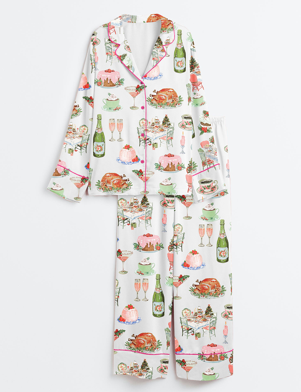 Women's Watercolor Christmas Dinner Champagne Party Long Sleeve Satin Pajama Set