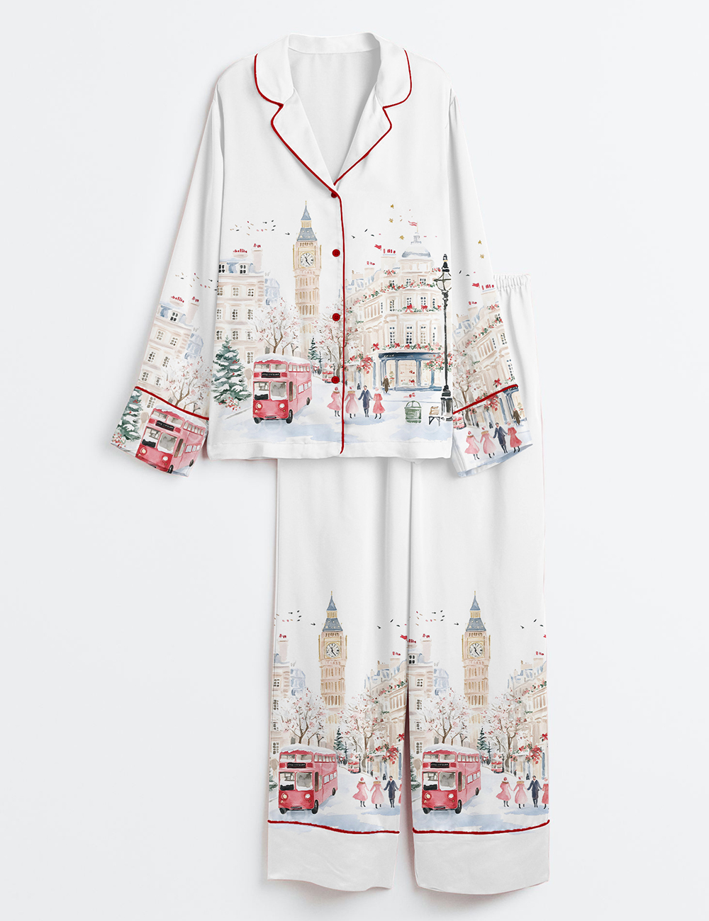 Women's Watercolor Christmas In London Winter London Travel Long Sleeve Satin Pajama Set