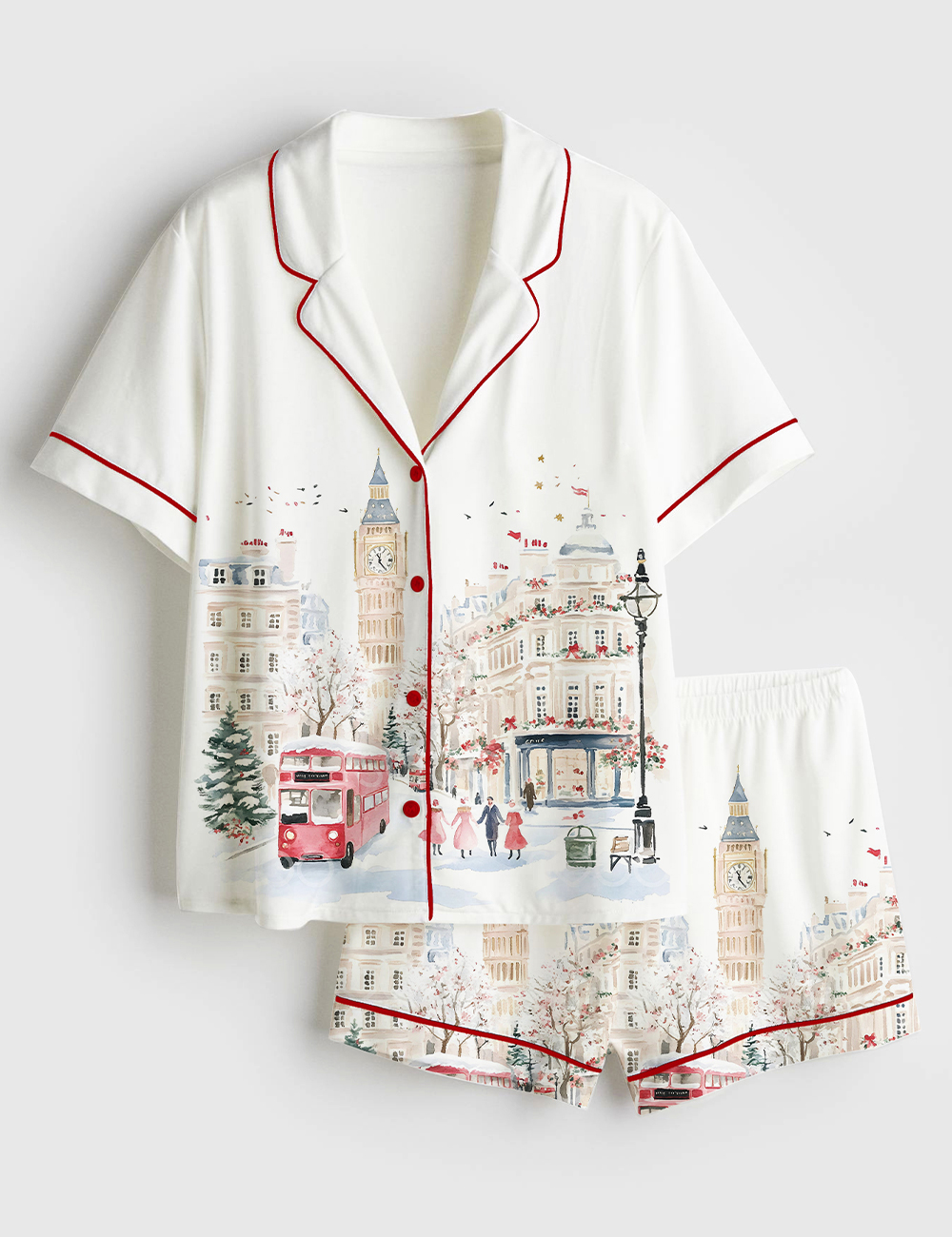 Women's Watercolor Christmas In London Winter London Travel Short Sleeve Satin Pajama Set