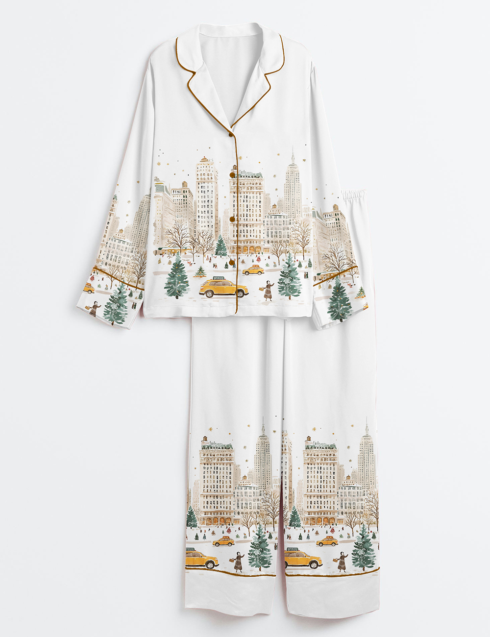 Women's Watercolor Christmas In New York Winter Snowy New York Travel Long Sleeve Satin Pajama Set