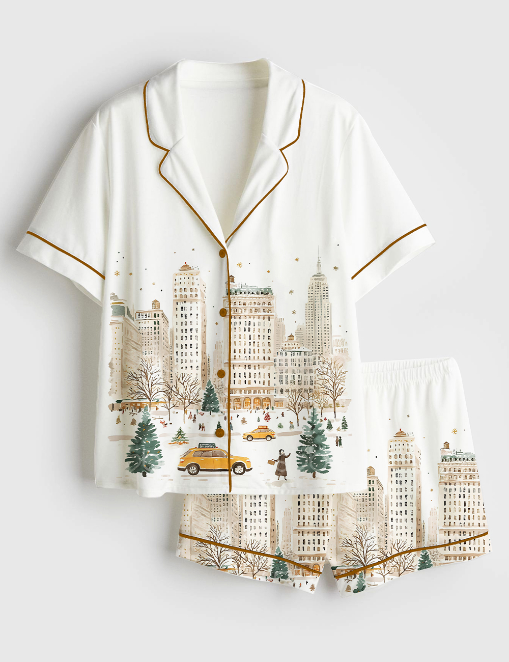 Women's Watercolor Christmas In New York Winter Snowy New York Travel Short Sleeve Satin Pajama Set