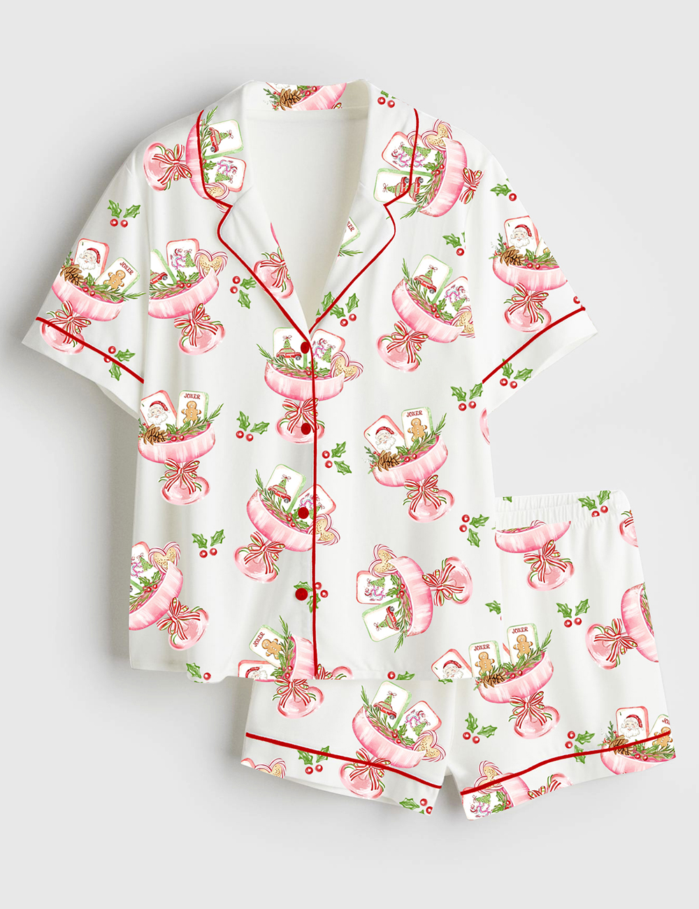 Women's Watercolor Christmas Mahjong Cocktail Chinese Mahjong Party Short Sleeve Satin Pajama Set