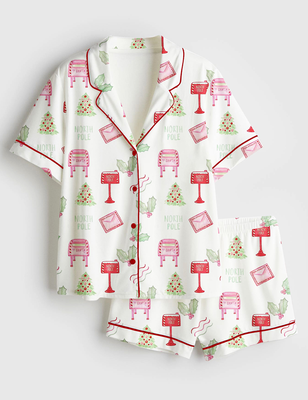Women's Watercolor Christmas Santa Letters Poste Preppy Letterbox Short Sleeve Satin Pajama Set