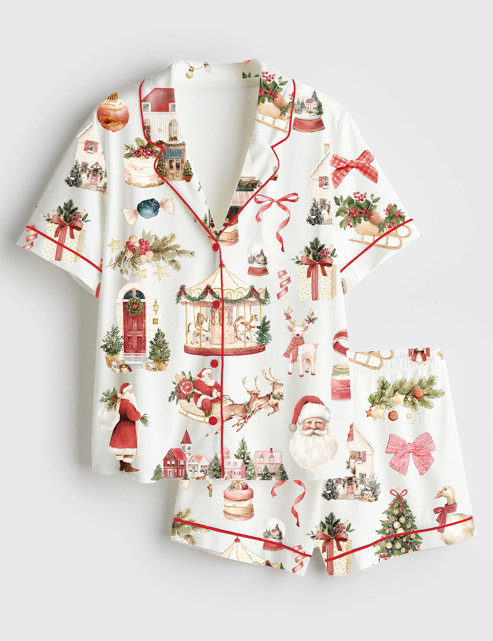 Women's Watercolor Classic Christmas Preppy Christmas Santa Short Sleeve Satin Pajama Set