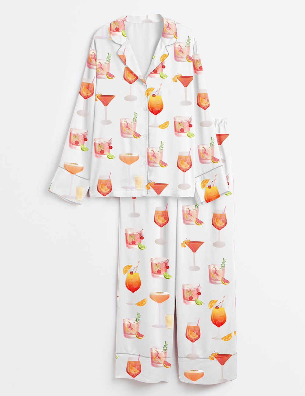 Women's Watercolor Cocktail Drinks Summer Beach Lemon Drop Martini Wedding Cocktail Print Long Sleeve Satin Pajama Set