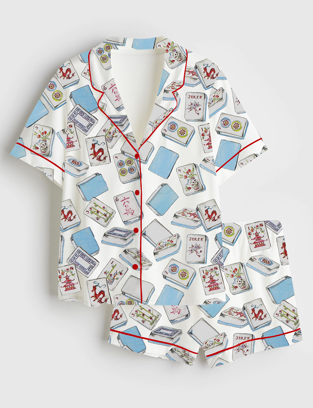 Women's Watercolor Cocktail Mahjong Chinoiserie Mahjong Party Short Sleeve Satin Pajama Set