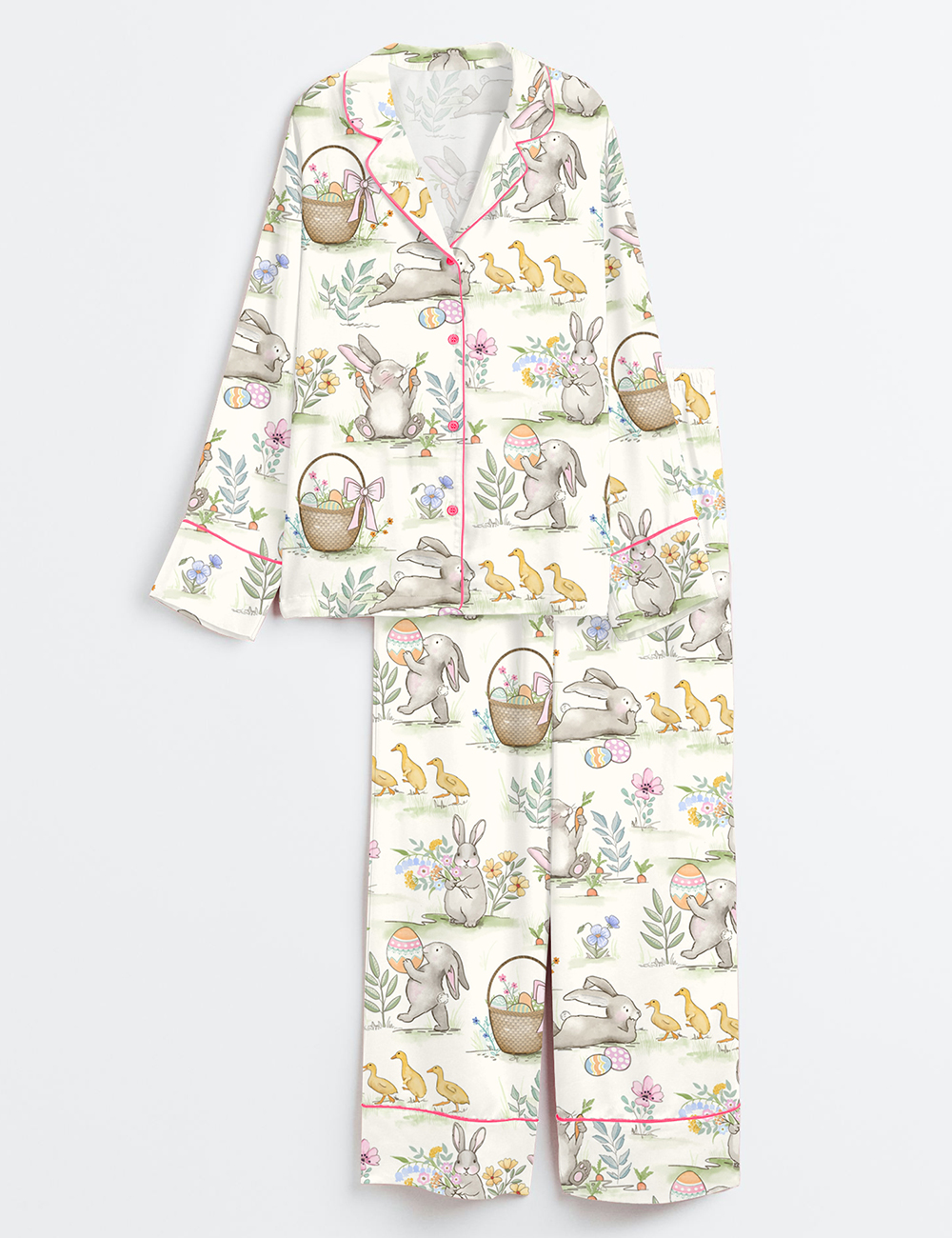 Women's Watercolor Easter Bunnies Long Sleeve Satin Pajama Set