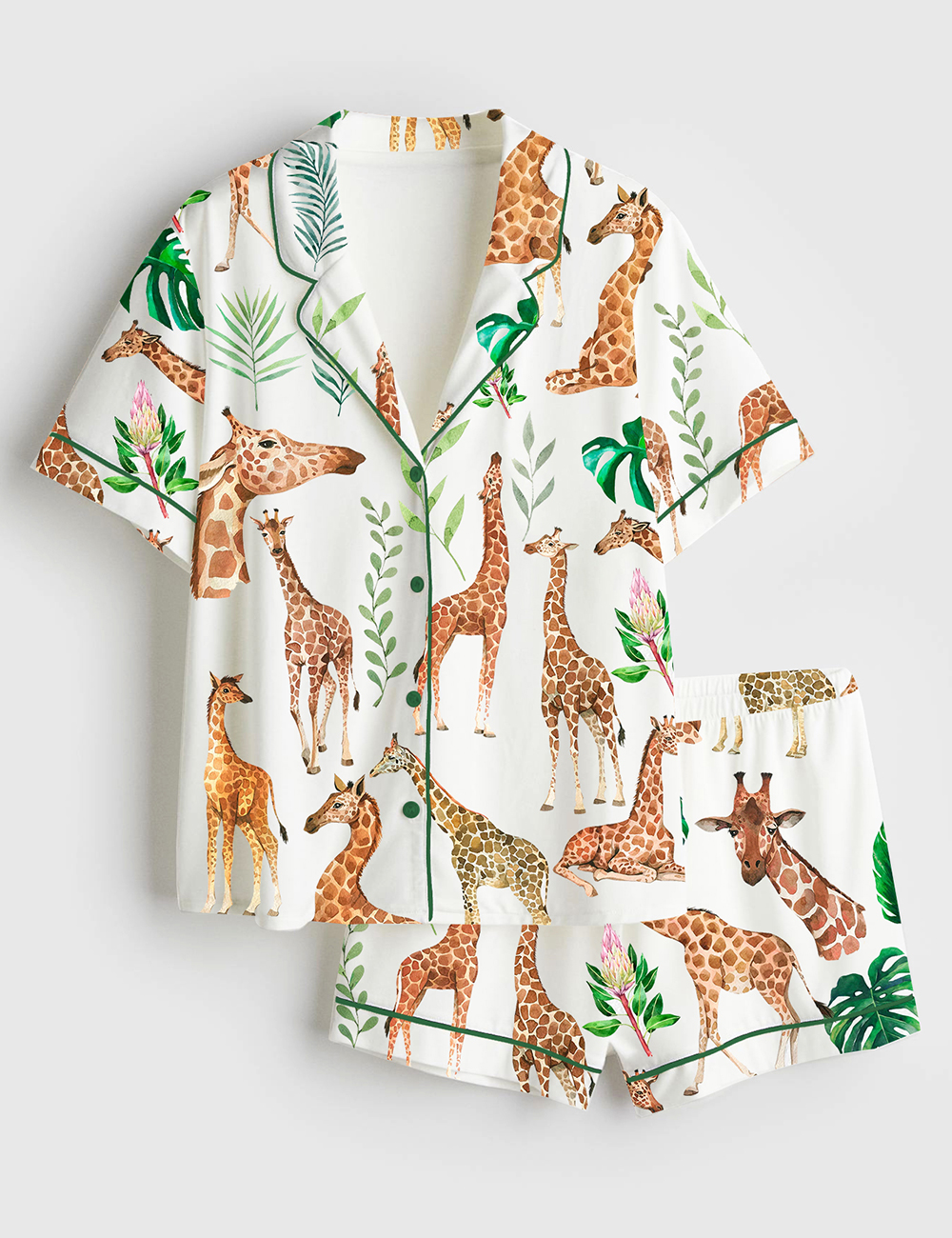 Women's Watercolor Giraffe Animal Safari Nursery Tropical Leaves Short Sleeve Satin Pajama Set