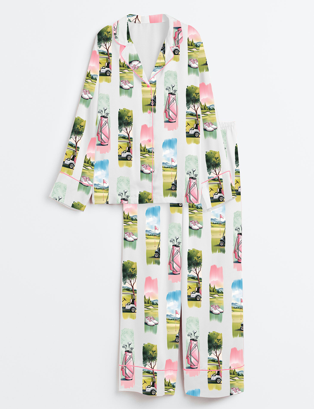 Women's Watercolor Golf Brush Stroke Golf Lover Masters Golf Print Long Sleeve Satin Pajama Set