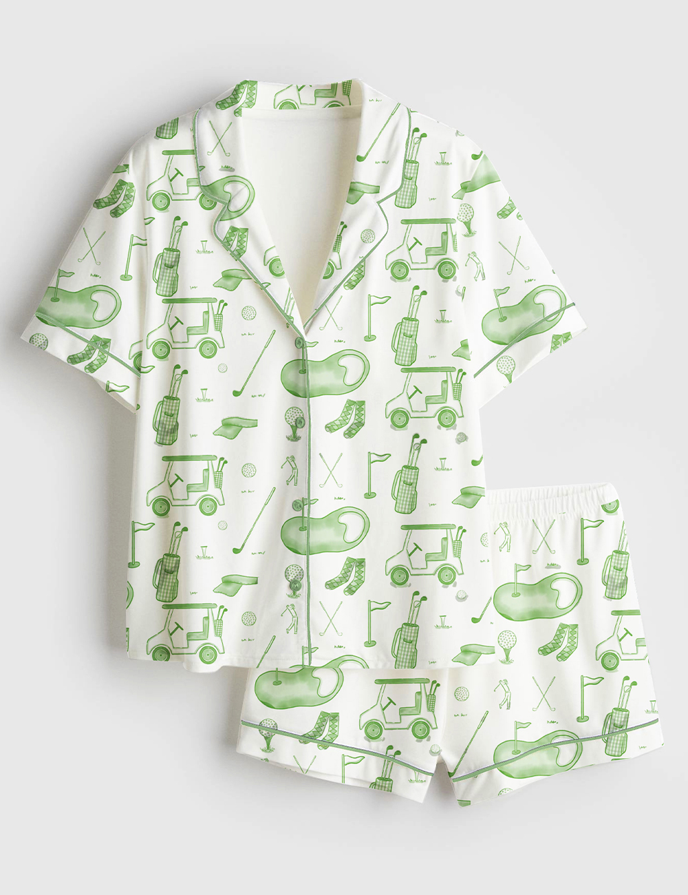 Women's Watercolor Green Golf Toile Print Short Sleeve Satin Pajama Set