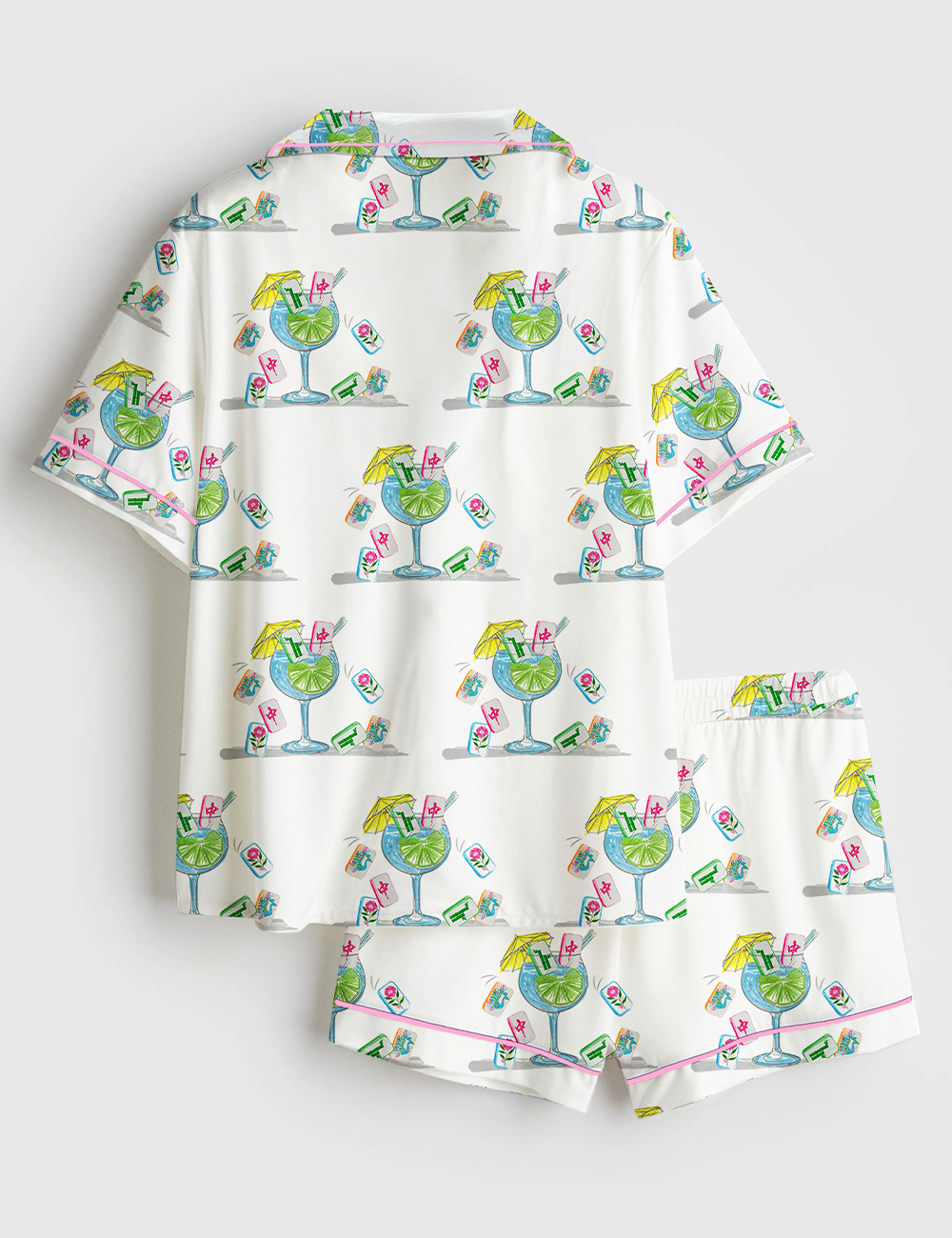 Alternative view of Women's Watercolor Hand Drawn Mahjong Tile Cocktail Mahjong Party Short Sleeve Satin Pajama Set