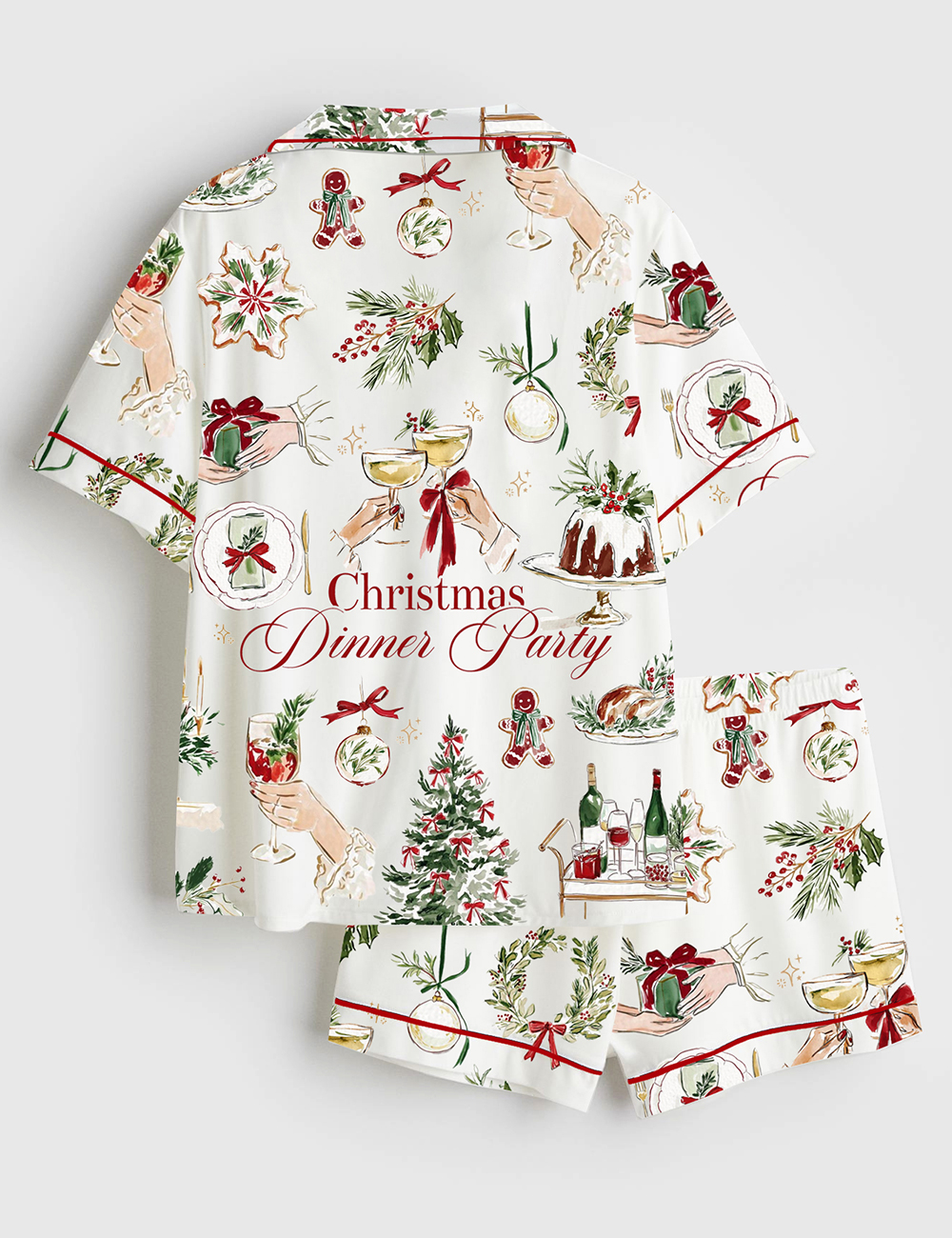 Alternative view of Women's Watercolor Holiday Christmas Dinner Party Festive Champagne Short Sleeve Satin Pajama Set