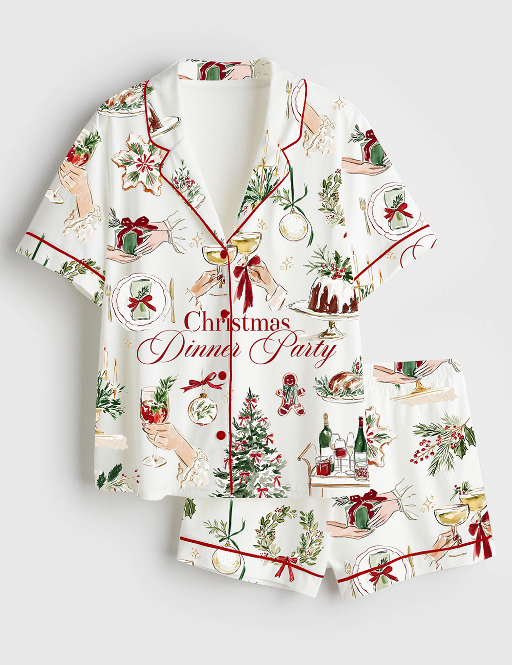 Women's Watercolor Holiday Christmas Dinner Party Festive Champagne Short Sleeve Satin Pajama Set